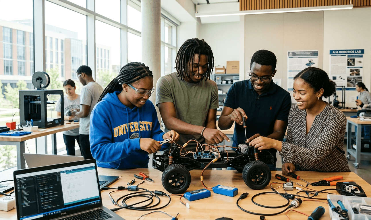 African university students collaborating on robotics