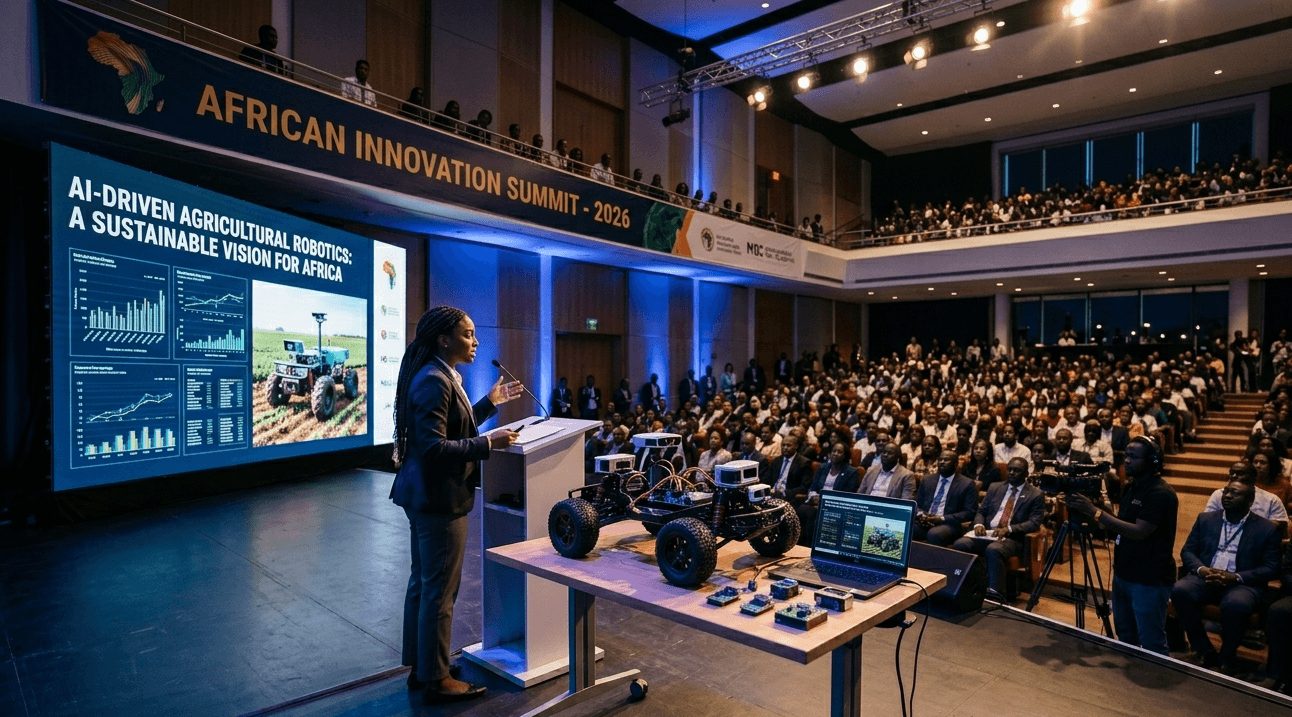 Student presenting robotics project on stage